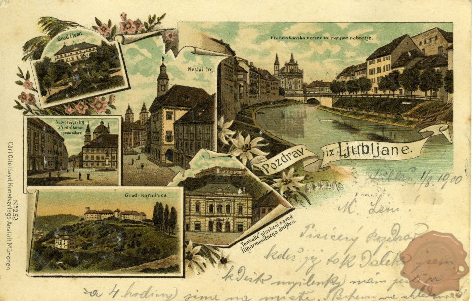 Ljubljana_Frančiškanska_cerkev_Mestni_trg_Grad_Tivoli_Valvazorjev_trg_Vodnikov_spomenik_Grad_Filharmonija_1890-1900