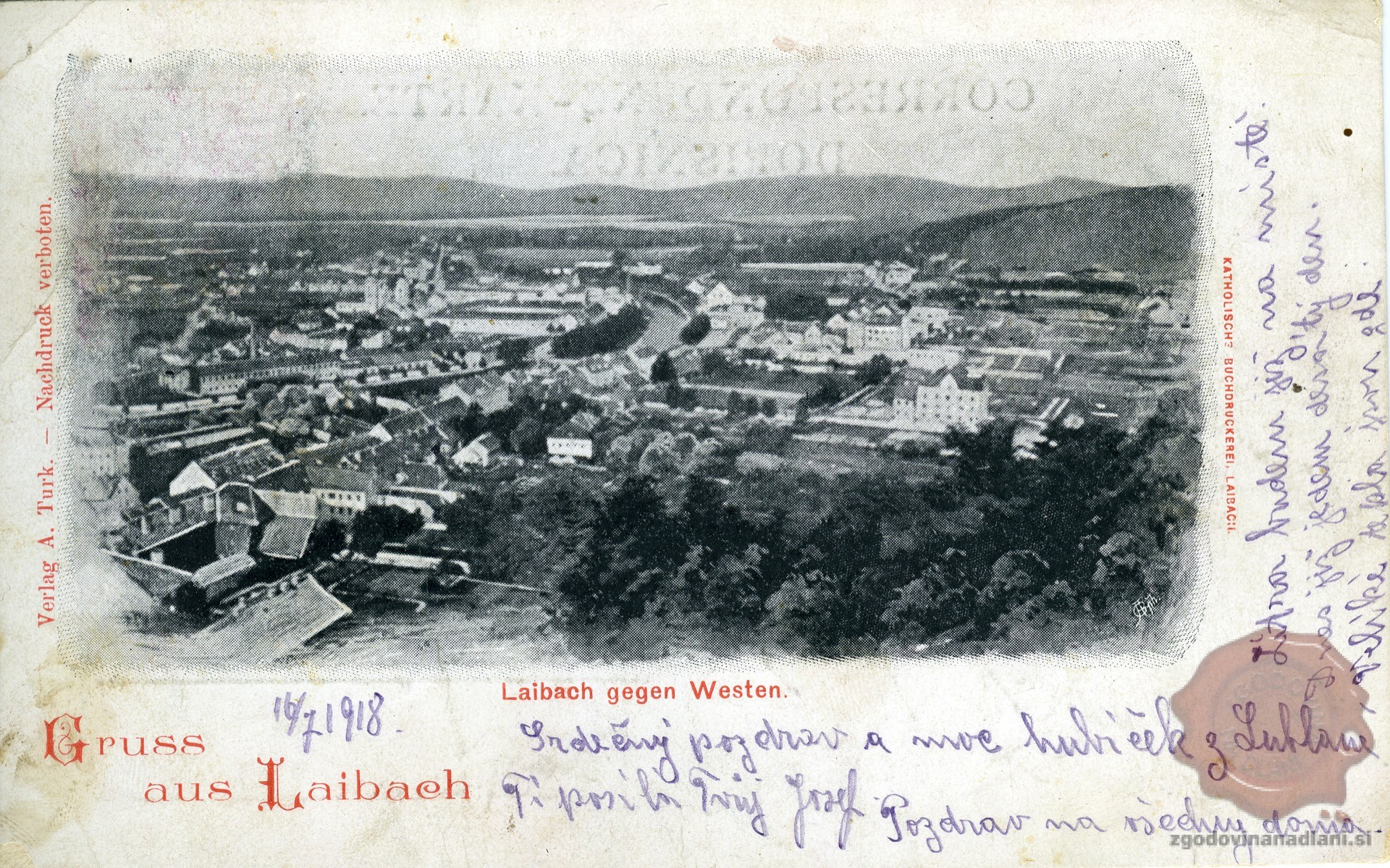 Ljubljana_Ljubljanica_Cerkev_sv.Petra_Gimnazija_Poljane_Cukrarna_1918