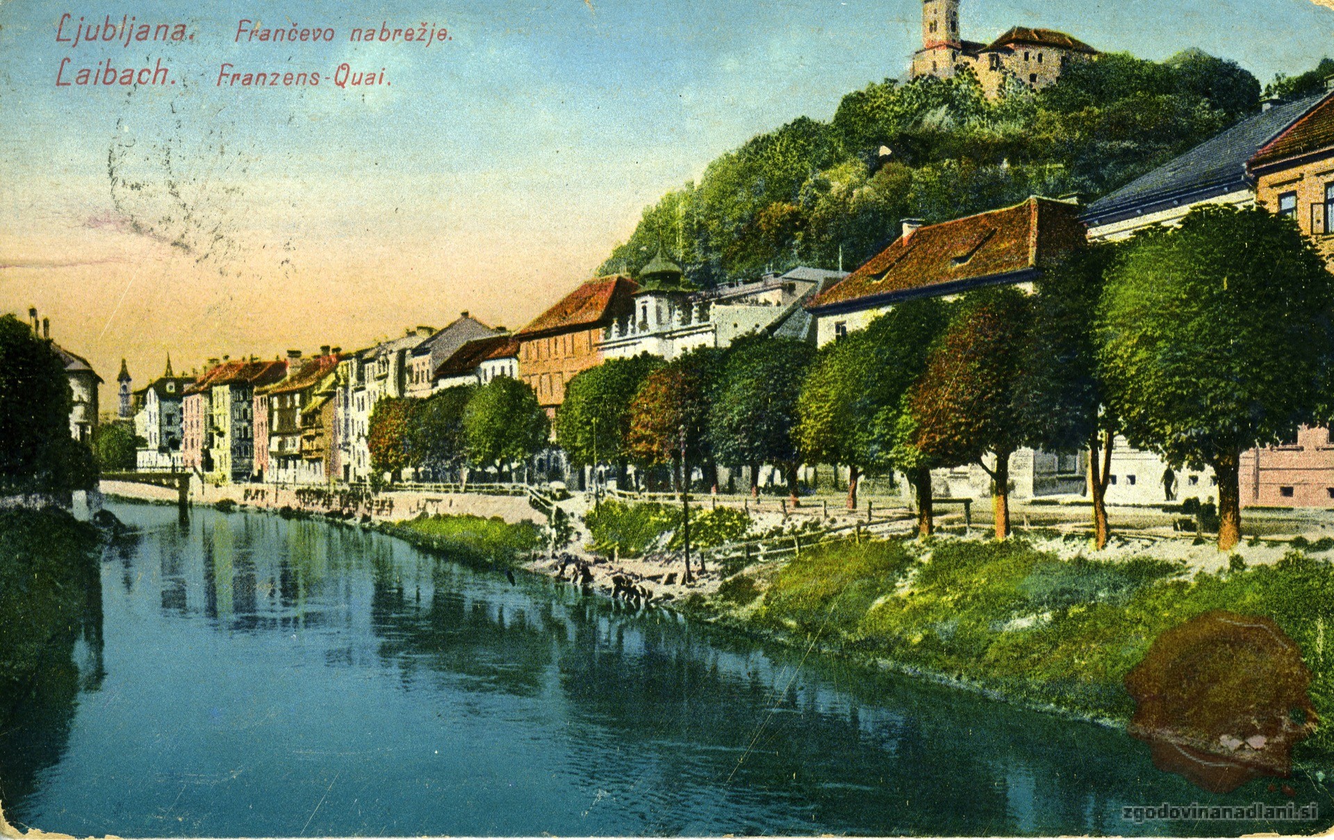 Ljubljana_Frančevo_nabrežje_Ljubljanski_grad_Ljubljanica_1916