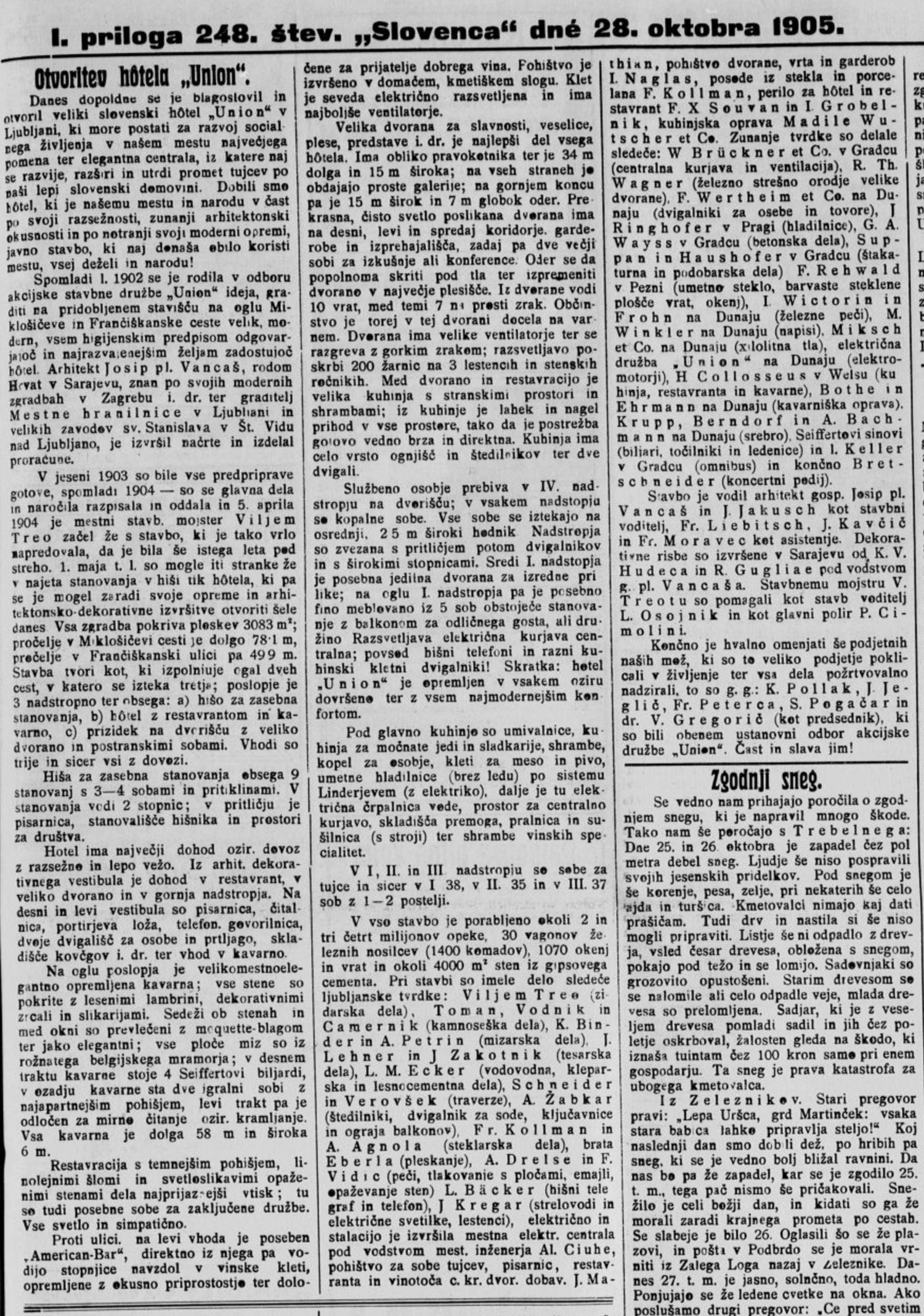 Otvoritev hotela Union, Slovenec 28. oktober 1905, str. 3