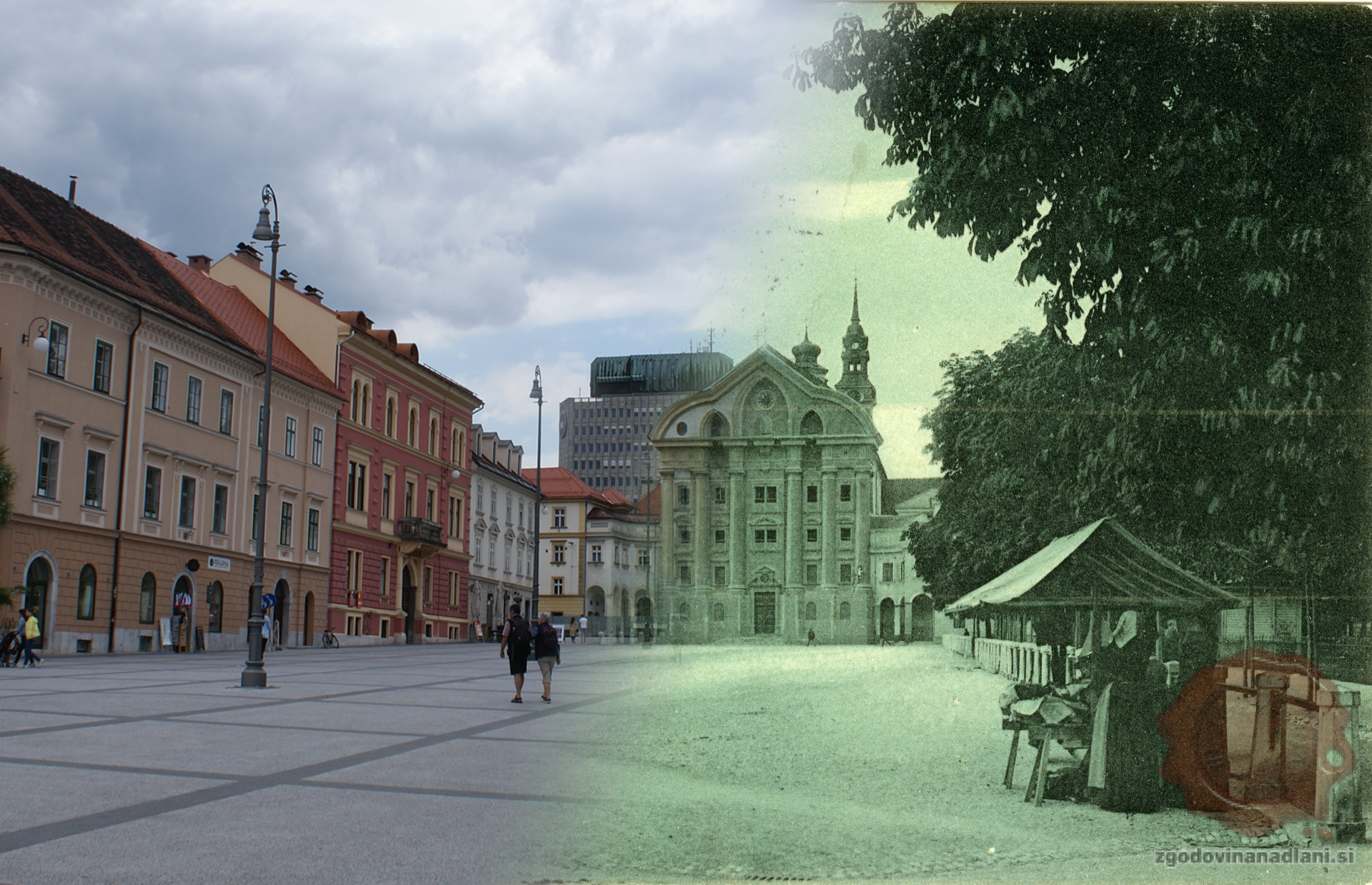 Kongresni_trg_Uršulinska_cerkev_Ljubljana_staro-novo_1906-2015