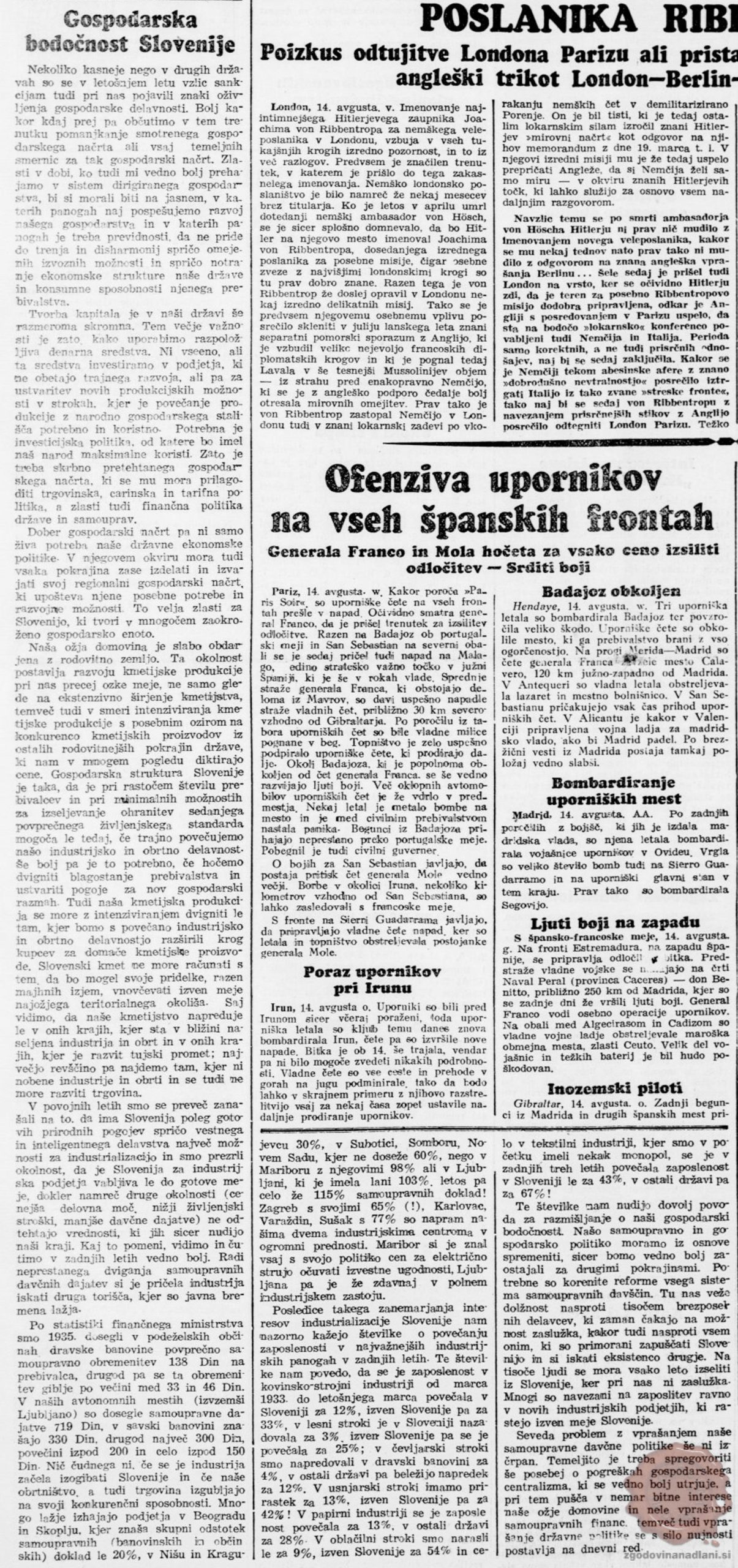 Gospodarska bodočnost Slovenije, Jutro (15.08.1936), letnik 17, številka 188, str. 1