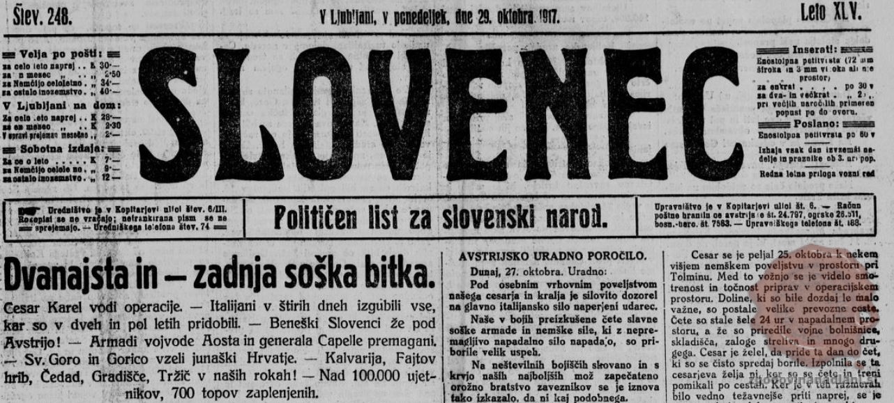 Dvanajsta soška bitka. Vir: Slovenec, 29.10.1917.