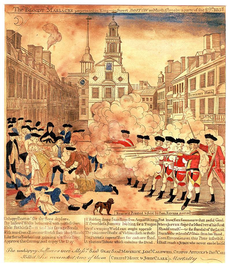 Ilustracija bostonskega pokola (delo Paula Revera), FOTO Wikipeida
