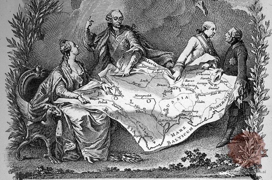 Katarina Velika, Jožef II. in Friderik Veliki dogovarjajo delitev Poljske (FOTO: Wikipedia)