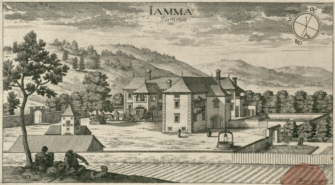 Grad Jama v Valvasorjevi upodobitvi leta 1679. Vir: www.mapy.mzk.cz.