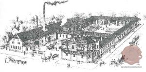 Upodobitev tovarne vozov Peter Keršič pred 1909. Vir: Šuštar, Spodnja Šiška, str. 87.