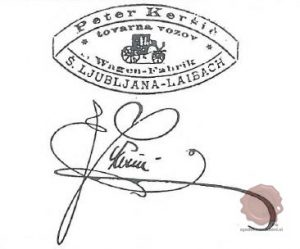 Žig tovarne vozov Keršič. Vir: Šuštar, Spodnja Šiška, str. 114.